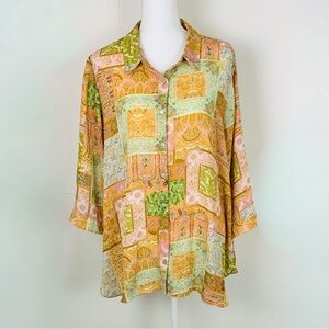 Rose Olive Women Plus Size 2X Button Up Tunic Top Artsy Floral Patchwork Chiffon